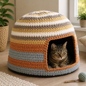 Puede incluir: Una cama para mascotas tejida a ganchillo en forma de cúpula, con rayas horizontales en tonos amarillo mostaza, blanco, gris y naranja quemado. La estructura tiene una abertura cuadrada en el frente, donde un gato atigrado marrón descansa.