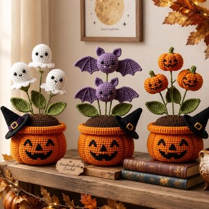 Patrón de maceta de ganchillo para Halloween, maceta de calabaza en PDF, amigurumi de murciélago fantasma (descarga digital)