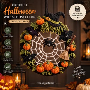May include: A crochet Halloween wreath pattern featuring a black witch hat, orange pumpkins, black bats, a white spider web, and a black spider. The design includes a small broomstick, green vines, and text reading Crochet Halloween Wreath Pattern.