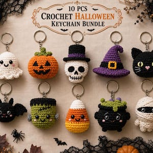 Pode incluir: Um conjunto de 10 porta-chaves de croché para o Halloween, incluindo um fantasma branco, abóbora laranja, caveira com cartola, chapéu de bruxa roxo, gato preto, morcego, monstro verde, doce de milho, caldeirão preto e uma múmia branca.