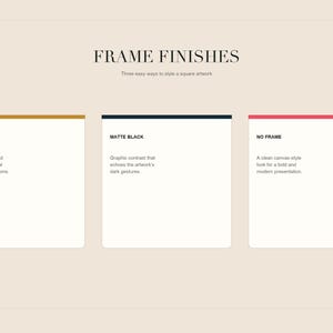 An informational graphic outlining three frame finishes including light oak, matte black, and no frame.