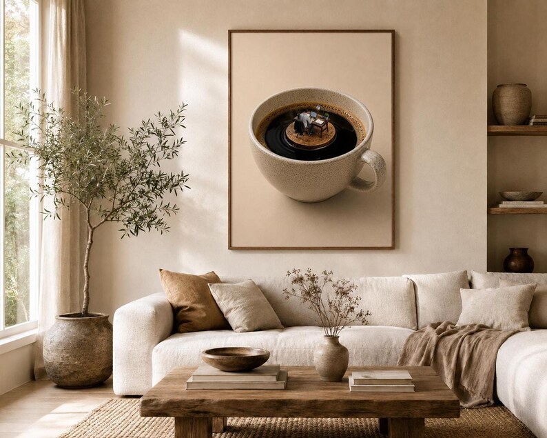 A framed wall art print featuring a surreal image of a miniature office worker sitting at a desk inside a cup of coffee, hanging above a beige sofa in a brightly lit living room.