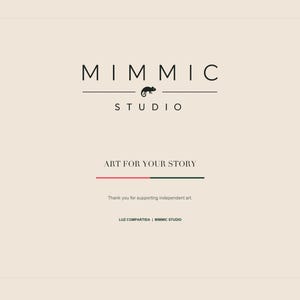 A brand logo slide for Mimic Studio featuring a chameleon graphic and the text Art for Your Story against a pale background.