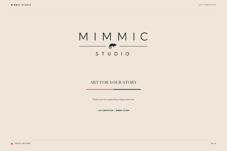A brand logo slide for Mimic Studio featuring a chameleon graphic and the text Art for Your Story against a pale background.