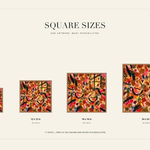 A graphic displays four square print sizes labeled 8x8 in, 12x12 in, 16x16 in, and 24x24 in featuring the abstract art.
