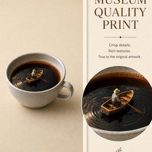 Infographic showing text and a magnified circular zoom-in of the miniature boat inside the espresso cup to highlight fine print details.