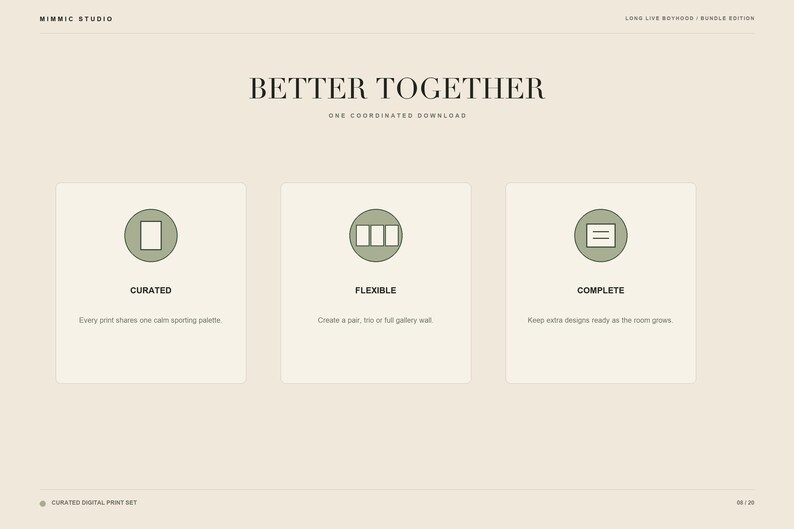 Infographic slide explaining the curated, flexible, and complete features of the sports print bundle.