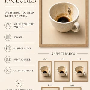 Informational graphic detailing digital download inclusions, aspect ratios, and printing guides next to a framed print.