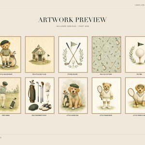 Grid preview of ten individual artwork prints featuring golf bears, equipment studies, and dogs in sporting attire.