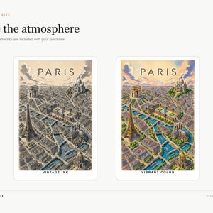 Op de afbeelding: Twee digitale kunstdrukken van stadsplattegronden van Parijs met de Eiffeltoren, Arc de Triomphe en Sacr&eacute;-C&oelig;ur. E&eacute;n print is in een vintage inktstijl, de andere in levendige kleuren. De tekst luidt "PARIS", "VINTAGE INK" en "VIBRANT COLOR".