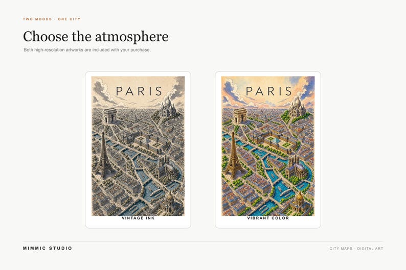 Op de afbeelding: Twee digitale kunstdrukken van stadsplattegronden van Parijs met de Eiffeltoren, Arc de Triomphe en Sacr&eacute;-C&oelig;ur. E&eacute;n print is in een vintage inktstijl, de andere in levendige kleuren. De tekst luidt "PARIS", "VINTAGE INK" en "VIBRANT COLOR".