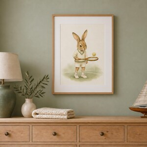 May include: A framed wall art print featuring a brown rabbit dressed in white tennis attire, holding a wooden tennis racket and standing on a green court with a yellow tennis ball floating in the air, presented in a light wood frame.