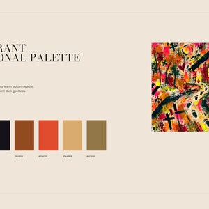 An info slide titled Colour Story displaying swatches of six colors alongside a square abstract artwork featuring a house and path.