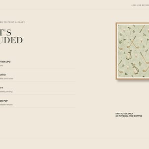 A digital graphic lists file details and includes a thumbnail of the framed golf pattern art on the right.