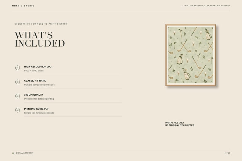 A digital graphic lists file details and includes a thumbnail of the framed golf pattern art on the right.