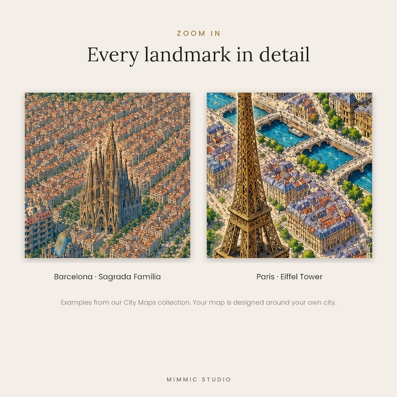 K&ouml;nnte beinhalten: Zwei quadratische Stadtkarten-Illustrationen mit der Sagrada Fam&iacute;lia in Barcelona und dem Eiffelturm in Paris. Der Text lautet: ZOOM IN Every landmark in detail, Barcelona &middot; Sagrada Fam&iacute;lia, Paris &middot; Eiffel Tower und MIMMIC STUDIO.