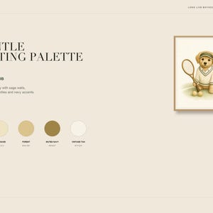 May include: A digital art print titled A GENTLE SPORTING PALETTE featuring a framed illustration of a golden puppy wearing a tennis visor and sweater, holding a tennis racket with two balls. Includes a color palette of warm ivory, soft sage, forest, muted navy, and vintage tan.