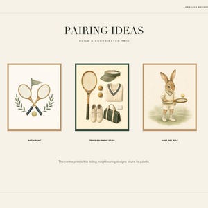 May include: A digital art print display titled PAIRING IDEAS featuring three tennis-themed illustrations. The left shows crossed rackets and a flag, the center displays tennis gear, and the right depicts a rabbit holding a racket and ball.