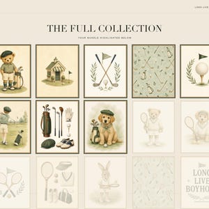 Grid display showing the complete collection of sports and golf themed nursery prints available in the bundle.