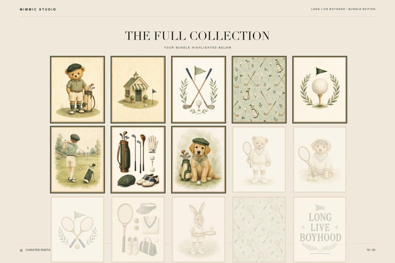 Grid display showing the complete collection of sports and golf themed nursery prints available in the bundle.