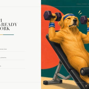 A close-up view of the Leg Day artwork showing the golden retriever lifting purple dumbbells on a weight bench against a colorful geometric background.