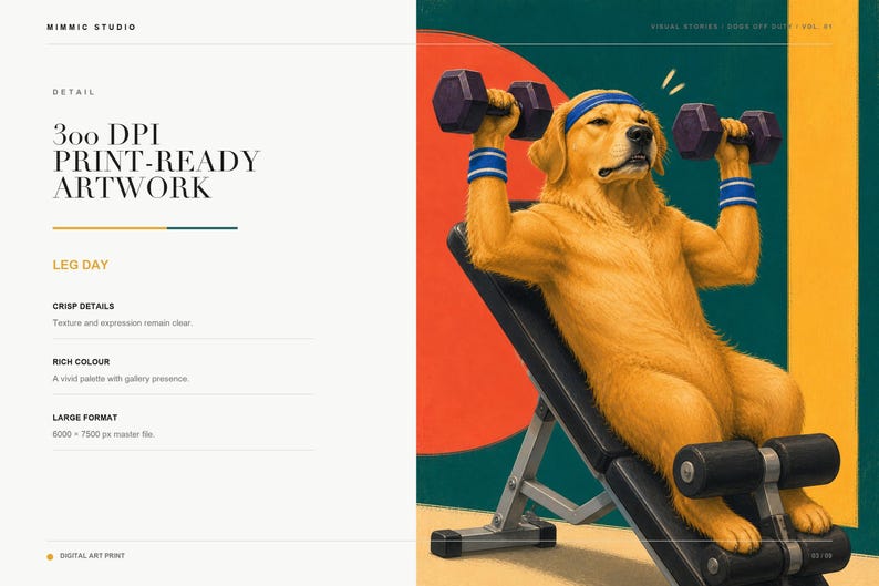 A close-up view of the Leg Day artwork showing the golden retriever lifting purple dumbbells on a weight bench against a colorful geometric background.