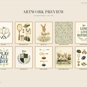 Grid preview of ten additional artwork prints showing tennis rackets, typography, and animal parade designs.