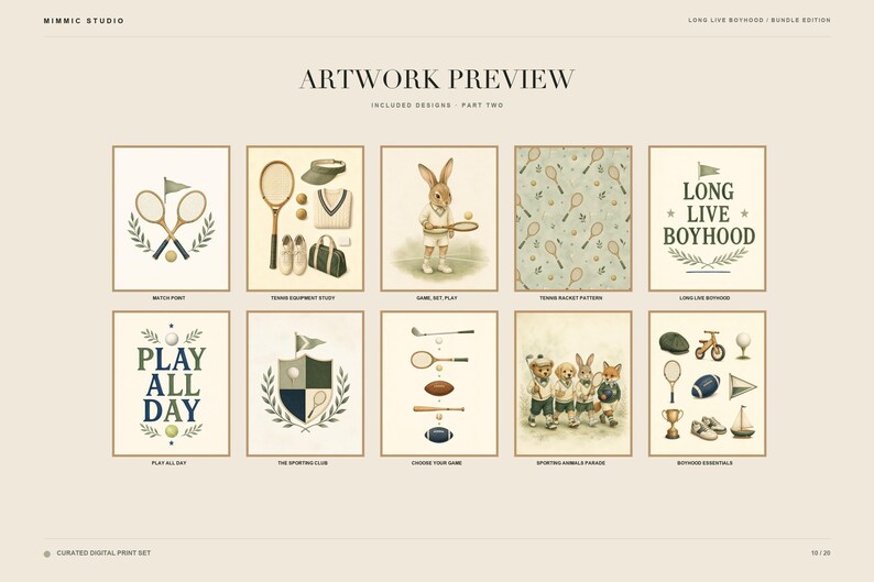 Grid preview of ten additional artwork prints showing tennis rackets, typography, and animal parade designs.
