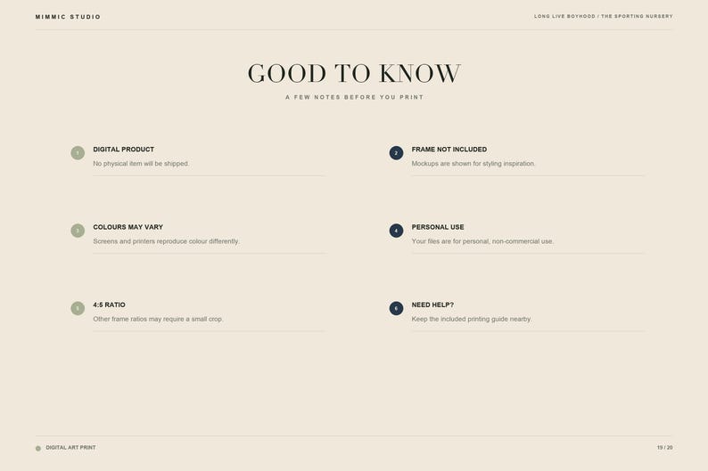 May include: A beige informational graphic titled GOOD TO KNOW with six numbered points regarding a digital product. Text includes Digital Product, Frame Not Included, Colours May Vary, Personal Use, 4:5 Ratio, and Need Help? with brief descriptions.
