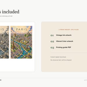 Op de afbeelding: Een digitale kunstset getiteld PARIS met twee illustraties van de stad. E&eacute;n in vintage inkttonen, de andere in levendige kleuren. De tekst vermeldt 2 printklare JPG-bestanden, vintage inktkunstwerk, levendig kleurkunstwerk en een PDF-gids.