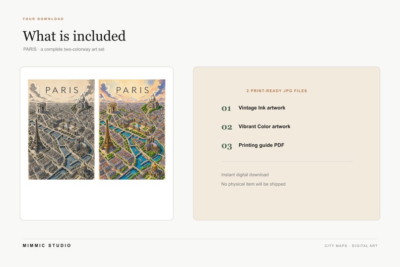 Op de afbeelding: Een digitale kunstset getiteld PARIS met twee illustraties van de stad. E&eacute;n in vintage inkttonen, de andere in levendige kleuren. De tekst vermeldt 2 printklare JPG-bestanden, vintage inktkunstwerk, levendig kleurkunstwerk en een PDF-gids.
