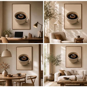 A collage of four different room interiors showcasing the framed coffee office wall print displayed above a desk, a reading chair, a dining table, and a sofa.