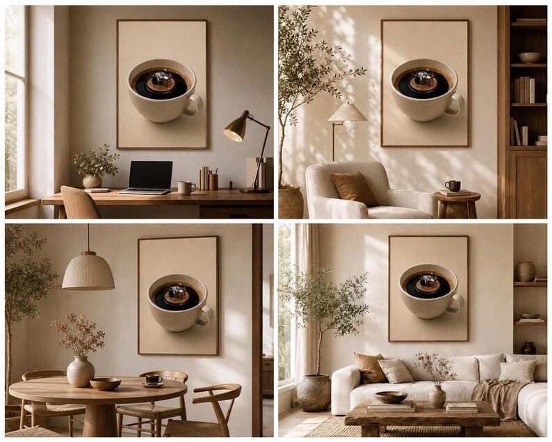 A collage of four different room interiors showcasing the framed coffee office wall print displayed above a desk, a reading chair, a dining table, and a sofa.