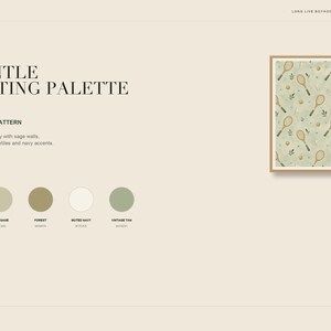 Listing slide displaying a gentle sporting color palette with five circular swatches below the artwork image.