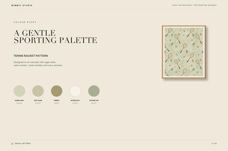 Listing slide displaying a gentle sporting color palette with five circular swatches below the artwork image.