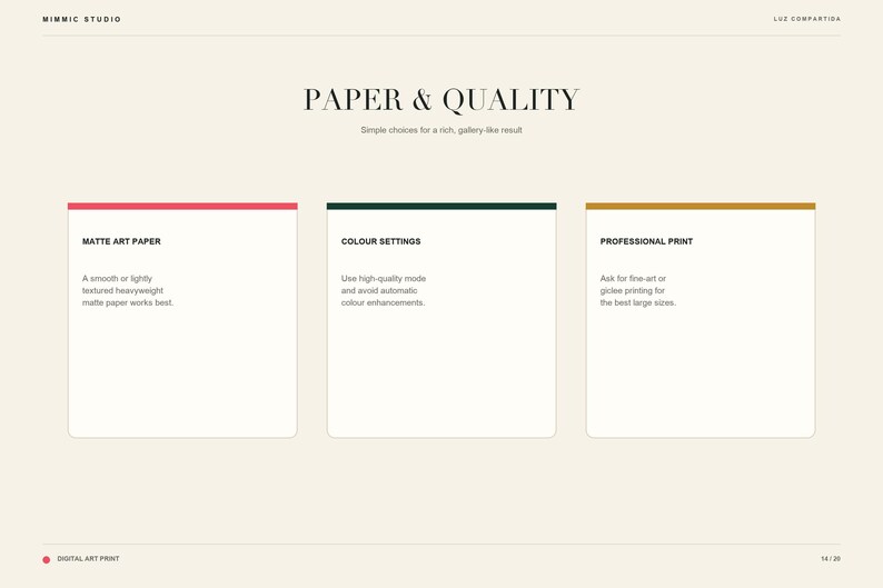 An informational slide titled Paper And Quality offering tips on Matte Art Paper, Colour Settings, and Professional Print.