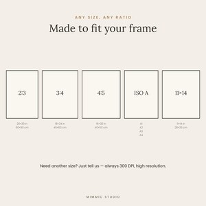 K&ouml;nnte beinhalten: Eine digitale &Uuml;bersicht mit dem Titel Made to fit your frame, die f&uuml;nf rechteckige Rahmen mit den Seitenverh&auml;ltnissen 2:3, 3:4, 4:5, ISO A und 11x14 zeigt. Unter jedem Rahmen stehen die entsprechenden Ma&szlig;e in Zentimetern, wie 60x90 cm, 45x60 cm, 40x50 cm und 28x35 cm.
