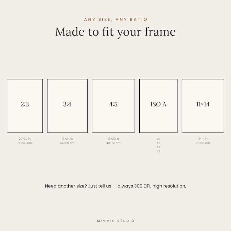 K&ouml;nnte beinhalten: Eine digitale &Uuml;bersicht mit dem Titel Made to fit your frame, die f&uuml;nf rechteckige Rahmen mit den Seitenverh&auml;ltnissen 2:3, 3:4, 4:5, ISO A und 11x14 zeigt. Unter jedem Rahmen stehen die entsprechenden Ma&szlig;e in Zentimetern, wie 60x90 cm, 45x60 cm, 40x50 cm und 28x35 cm.