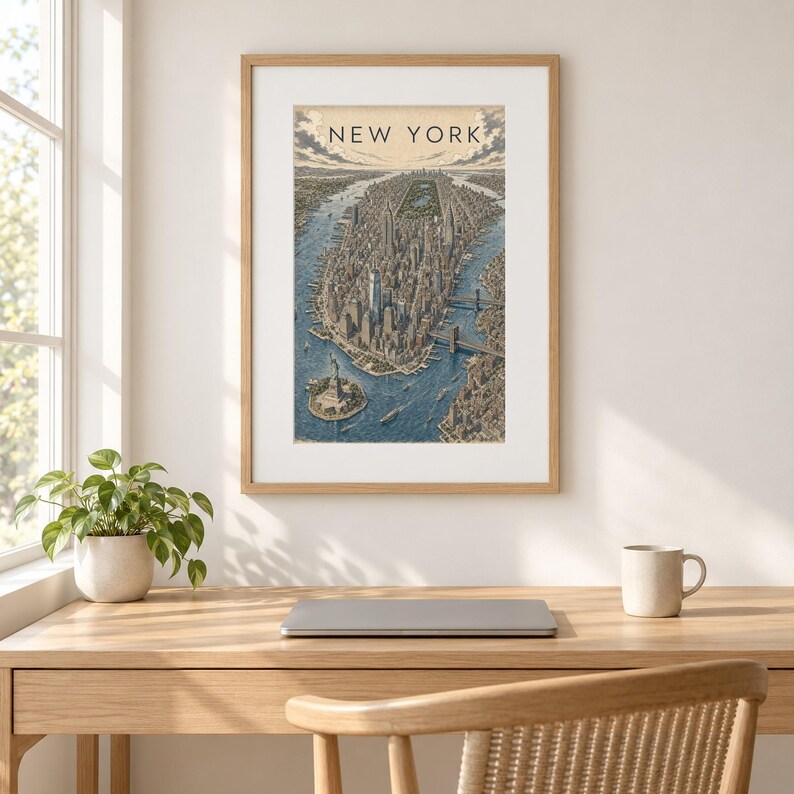 K&ouml;nnte beinhalten: Ein gerahmter Kunstdruck mit einer Luftaufnahme von New York City, einschlie&szlig;lich der Freiheitsstatue, den Wolkenkratzern von Manhattan und den umliegenden Wasserwegen. Der Text NEW YORK ist in Schwarz oben auf dem Stadtbild gedruckt.