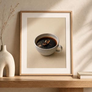 A framed art print of a tiny person rowing a small boat in a ceramic coffee cup resting on a wooden shelf next to a vase with dried stems.