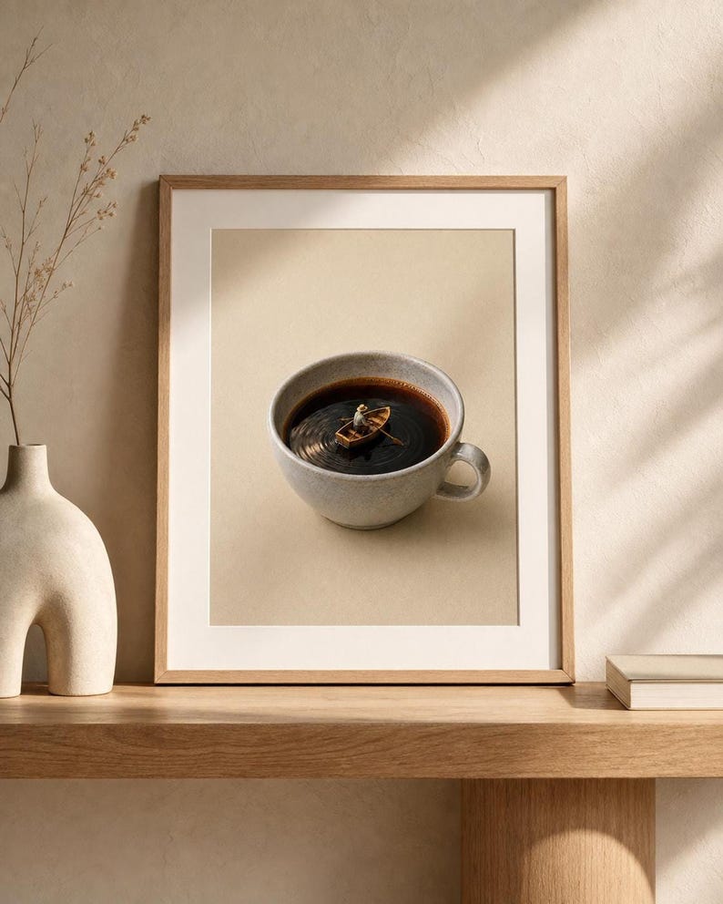 A framed art print of a tiny person rowing a small boat in a ceramic coffee cup resting on a wooden shelf next to a vase with dried stems.