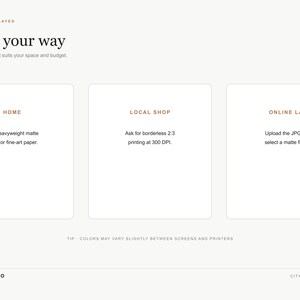 May include: An informational graphic titled Print it your way with three white rectangular boxes labeled Home, Local Shop, and Online Lab. Each box contains specific printing instructions for digital art, with text at the bottom reading Mimmic Studio.