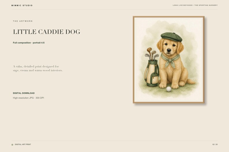 May include: A framed art print titled Little Caddie Dog featuring a golden retriever puppy wearing a green flat cap and a matching neck scarf. Beside the puppy sits a golf bag filled with clubs and a single white golf ball on the ground.