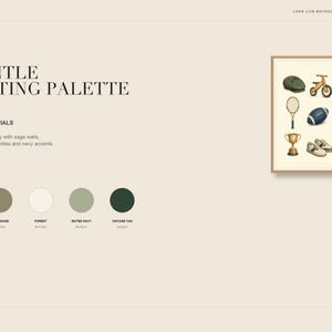 May include: A digital art print featuring a collection of sporting icons including a cap, balance bike, golf tee, tennis racket, football, pennant, trophy, sneakers, and sailboat. The print is displayed alongside a color palette of warm ivory, soft sage, forest, muted navy, and vintage tan, with the text A GENTLE SPORTING PALETTE and BOYHOOD ESSENTIALS.