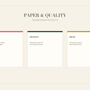 Informational graphic titled paper and quality explaining matte paper, high quality, and fine art printing.