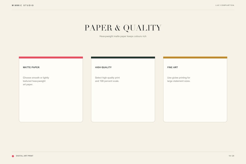 Informational graphic titled paper and quality explaining matte paper, high quality, and fine art printing.