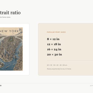 May include: A digital art print of a New York City map in a 2:3 portrait ratio. The graphic displays the text New York, Popular Print Sizes, and lists dimensions in inches: 8x12, 12x18, 16x24, and 20x30, alongside metric equivalents 20x30, 30x45, 40x60 cm.