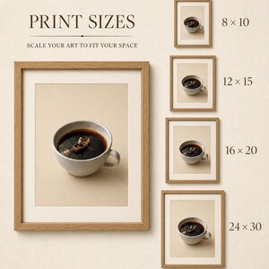 Print size guide showing a large framed print of the espresso boat next to four smaller framed versions in 8x10, 12x15, 16x20, and 24x30 inch dimensions.