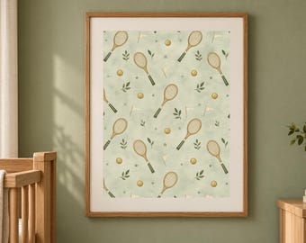 Tennis Pattern Nursery Print, Neutral Racket Wall Art, Sage Green Baby Boy Room, Printable Download