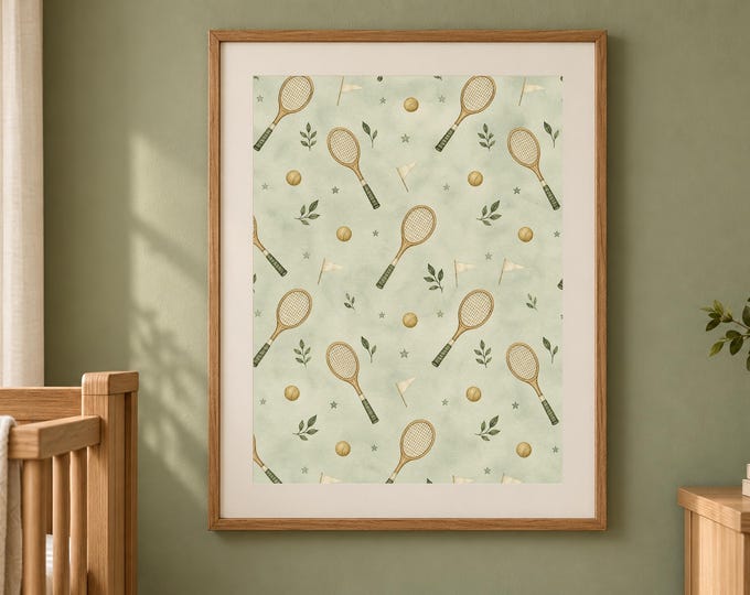 Tennis Nursery Print, Sage Green Racket Pattern Digital Wall Art